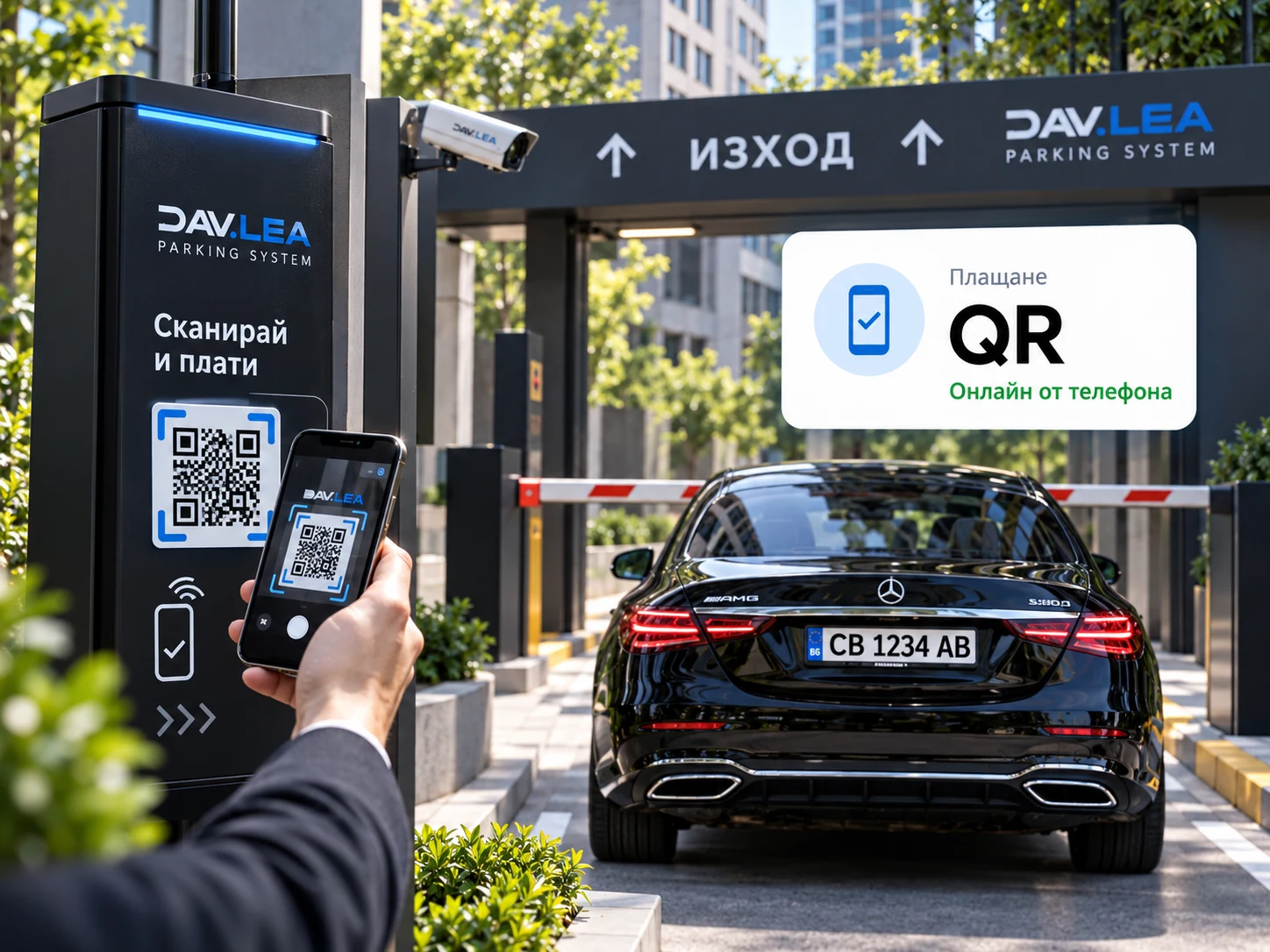 Клиентът сканира QR код и плаща престоя онлайн.